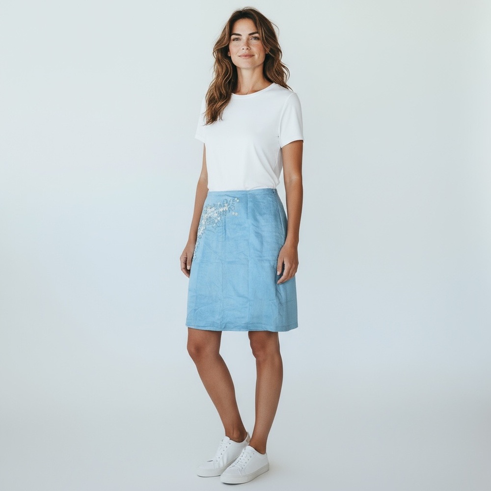 French Connection Cotton Blue Embroidered Skirt Size 10